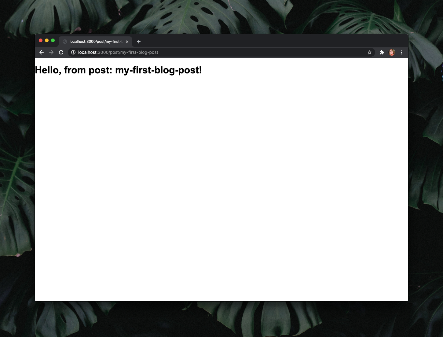 White webpage with black text that reads "Hello, from post: my-first-blog-post!".